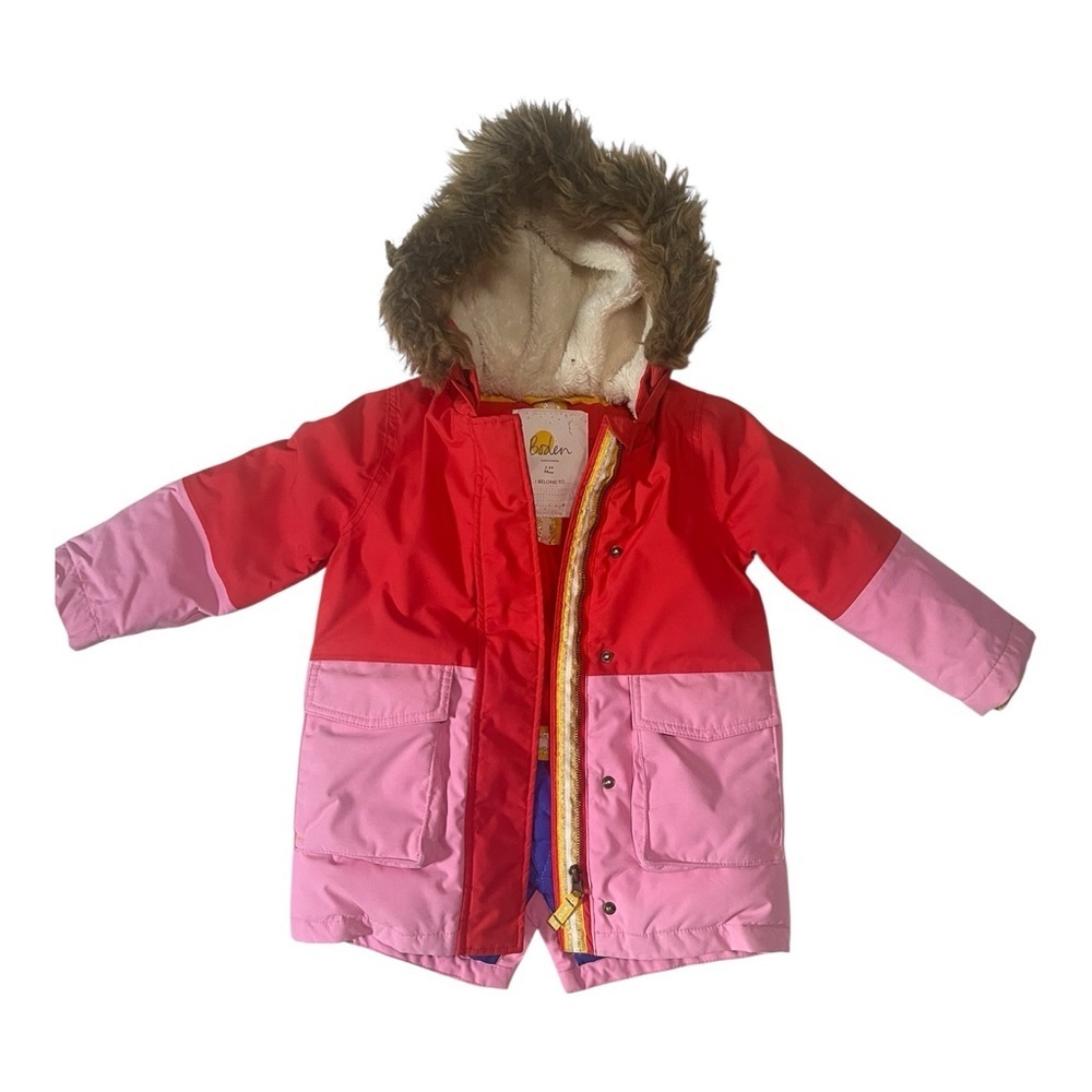 Boden Red and Pink Puffer Jacket with Faux Fur Hood